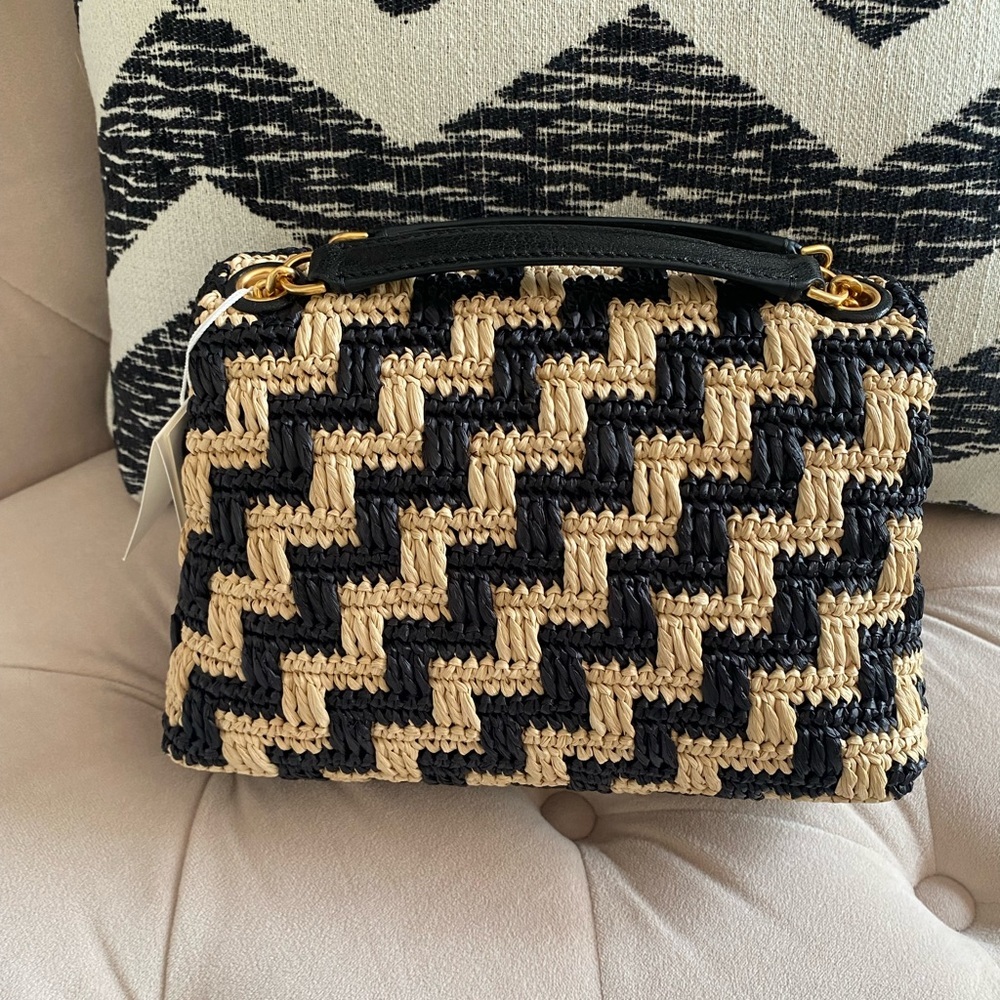 Tory Burch Willa Straw Small Shoulder Bag Black & Pale Khaki - Picture 2 of 14